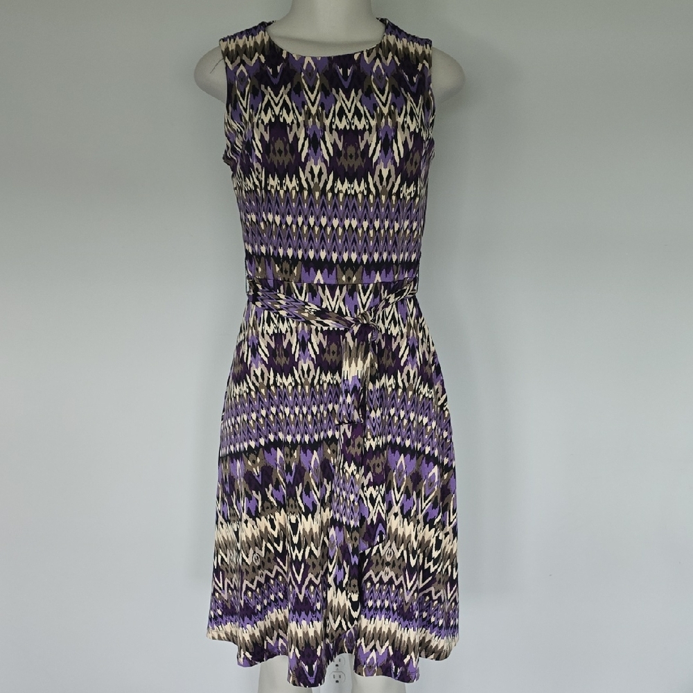 Shelby & Palmer purple/tan sleeveless chevron print belted dress-S